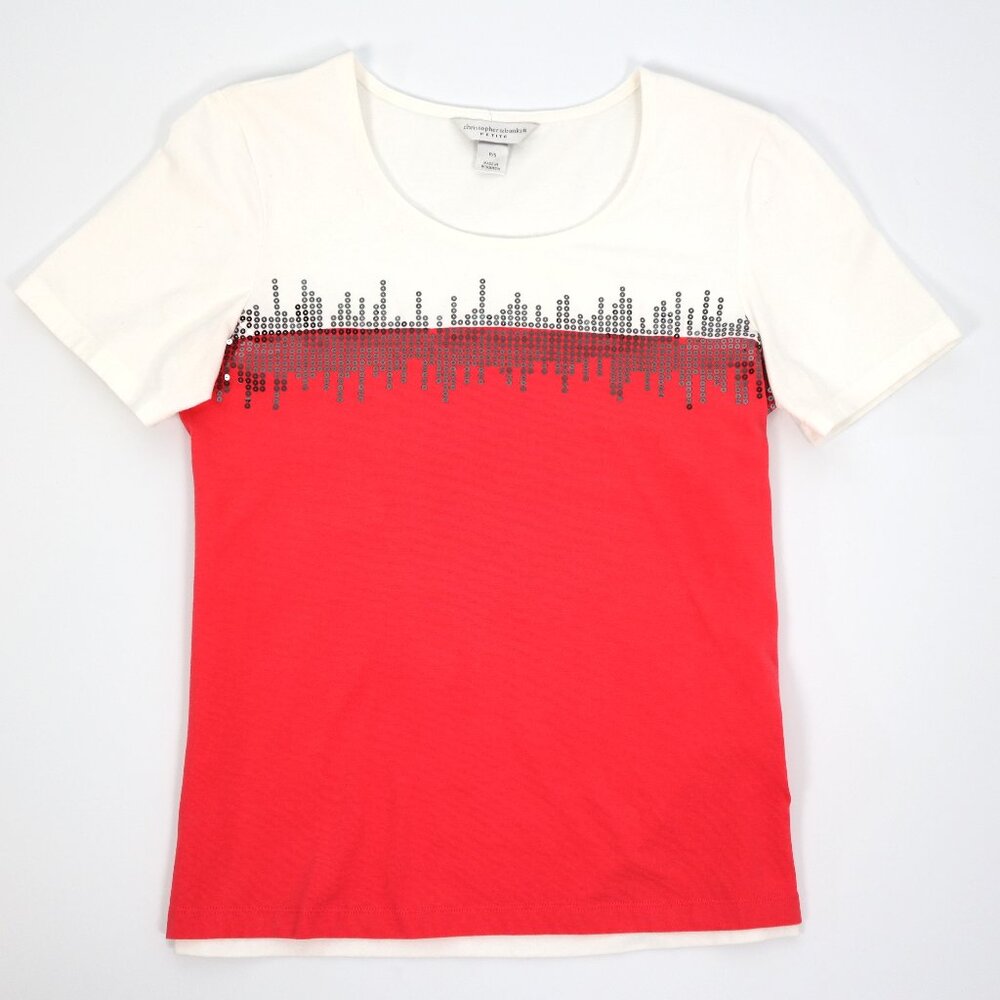 Christopher & Banks Tee Petite Small Red White Sequin Accent Short Sleeve Casual